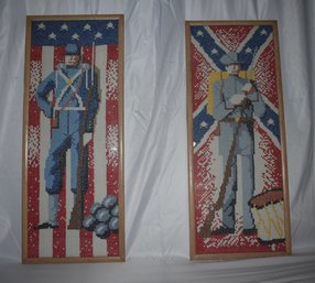 Pair Of Civil War Cross Stitch Solders Framed Pictures Antique Wood Frame