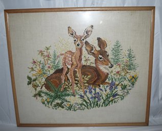 Vintage Deer Doe And Fawn Cross Stitch Wood Framed