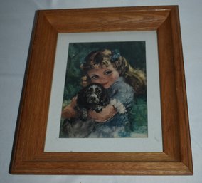 Signed Cydney Girl With Dog Lithograph In Wood Frame