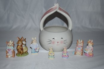 Blossoms & Blooms Bunny Rabbit Ceramic Bowl With Lefton China Bunnies And Other Bunny Figurines