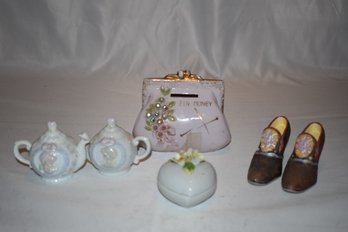 Pin Money Antique Bank, Precious Moments Salt & Pepper, Victorian Pair Of Shoes, Porcelain Trinket Box  #401