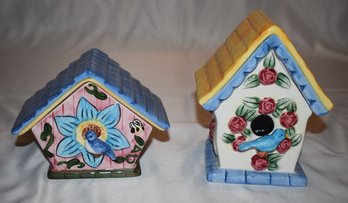 Elements Ceramic Bird House Candle Holder With Candles Pair New