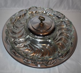 MCM Kromex Buffeteria Lazy Susan Lead Crystal W/ Swirl Wave And Center Dish With Lid