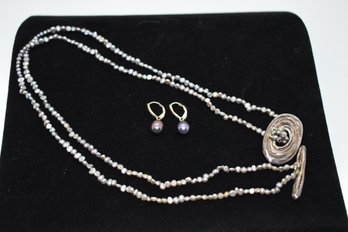 Freshwater Purple Pearls And Earrings With Sterling #74