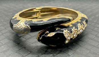 Vintage Black Enamel Rhinestone Snake Hinged Bracelet #502