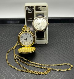 Gold Tone Pocket Watch And Two Toned Watch In Box #552