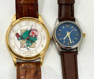Waltham Boston Red Sox And Ladies Elegant Round Silver Tone Blue Dial With Brown Leather Band Watches #40