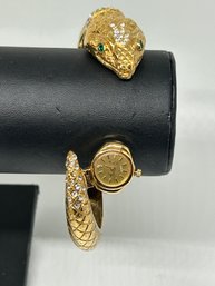 Rare Vintage 1970 Kenneth Jay Lane Signed KJL Snake Rhinestone Gold Bracelet Watch #46