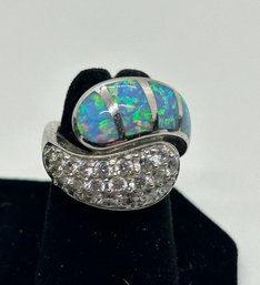 Diamonique Sterling Silver DQCZ Cubic Zirconia And Opal Inlay Ring #66