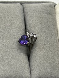 Vintage Purple Heart Stone With 3 Clear Stones Sterling Silver Ring #78