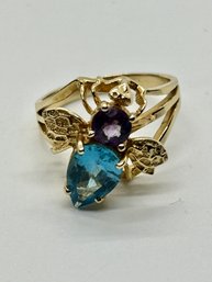 Vintage 14K Yellow Gold Amethyst And Topaz Bee Insect Ring RARE #542