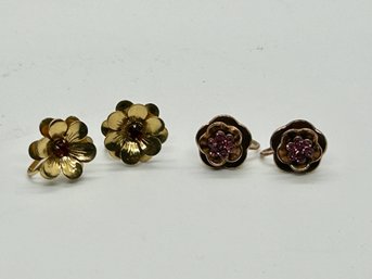Vintage Vermeil Gold Over Sterling Silver Screw Back Red And Pink Floral Earrings #548