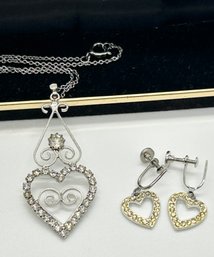 Casini London Man Made Diamonds Silver Necklace And Pendant With Heart Screw Back Earrings #89