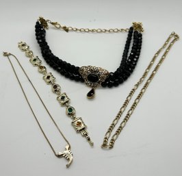 1928 Black Beaded Necklace With Scorpio Scorpion And Other Gold Toned Bracelet And Chain Necklace #96