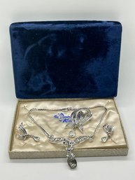 Vintage Corocroft Necklace, Earring And Brooch In Blue Velvet Box #98