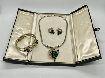Vintage Green Gem And Rhinestone Leaf Necklace, Hinge Bracelet And Screw Back Earrings Set