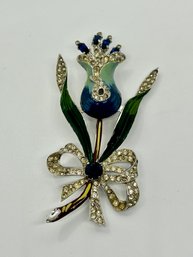 Coro Trembling Flower Pin Blue Enamel With Emerald Green Large Brooch #133