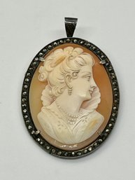 Gorgeous Signed By Artist Sterling Silver Marcasite Cameo W/ 3 Strand Pearl Necklace Brooch #136