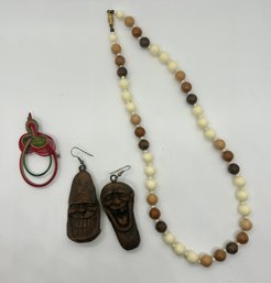 Vintage Bohemian Style Necklace And Hand Carved Wooden Face Earrings & Bamboo Quilled Brooch Taiwan Folk #138