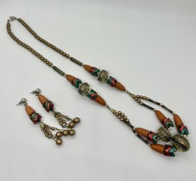 Vintage Brown Orange Gold Beaded Necklace And Earrings Set #139