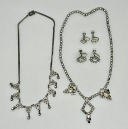 Vintage Rhinestone Necklace And Screw Back Earring Sets #140