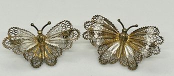Antique 800 Silver Filigree Pair Of Butterfly Brooches #143