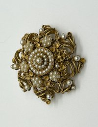 Vintage Florenza Gold Tone Brooch With Seed Pearls #496