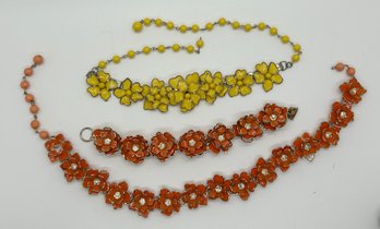Yellow Enamel Necklace And Orange Enamel Floral Set Necklace And Bracelet #554