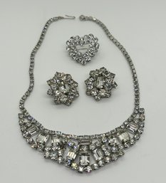 Dazzling Vintage Rhinestone Necklace, Earrings And Heart Brooch Set #560
