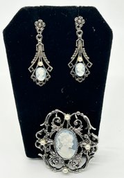 Blue Cameo And Pearl Brooch With Matching Drop Earrings #552
