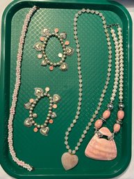 Modernist Iridescent Pink Ceramic Pendant Faux Pearls, Pink Quartz Heart Necklaces Puffy Heart Bracelets #564