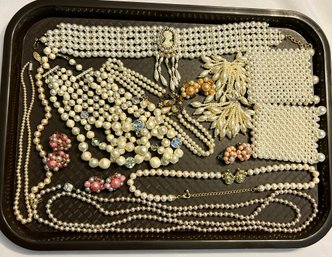 Vintage Faux Pearl Jewelry Necklaces, Bracelets, Cuffs And Clip On Earrings #565