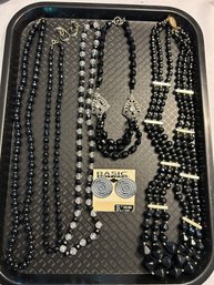Black And Silver Tone Beaded Necklaces And Earrings #569
