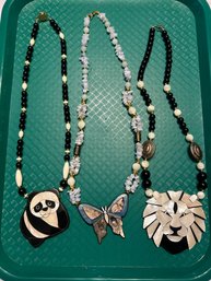 Vintage Mother Of Pearl Inlay Panda, Lion, And Butterfly Necklaces #676