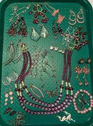 Pretty In Pink Mixed Jewelry Lot Pierced Earrings, Necklaces, Bracelet So Much Pink Even Flamingos!! #581