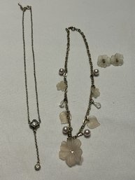 Frosted Glass Flowers And Pearl Necklace With Matching Earring Set & Vintage Drop Pendant Necklace #603
