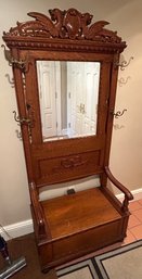 Antique Hand Carved Mirrored Hat And Coat Tree With Lift Top Bench