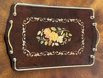 Vintage Italian Brass Inlaid Wood Serving Tray