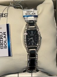 Women's Ceramic Swarovski Crystal Seiko Solar Classic Watch New With Tags And Box