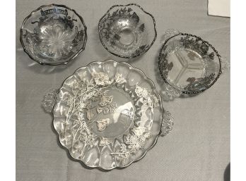 Depression Era New Martinsville Caprice 11'Silver Overlay Plate 25th Anniversary Set