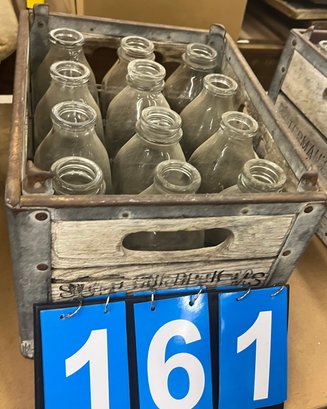 Antique Milk Bottle Crate With 12 Glass Bottles