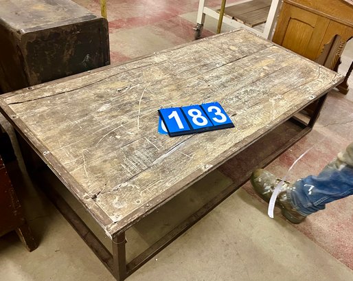 Antique Industrial Style Low Coffee Size Table With Steel Base And Distressed Top