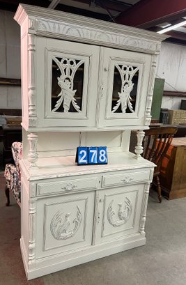 Antique French Carved Two Part China Cabinet Bar With White Shabby Chic Paint Finish