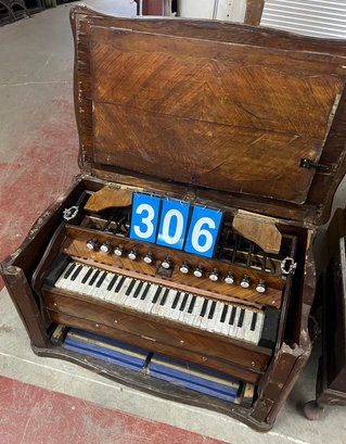 Rare French Cased Melodian Pump Organ With Pull Slide Controls And Fine Inlay And Mounts, Needs Wood Repair