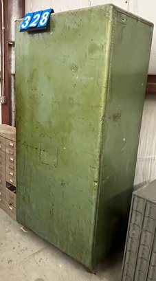 Vintage Cabinet, Painted Green, Heavy Duty, 6' Tall, Marked With Industrial Vendors, Inc  Metal Name Plate