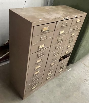 Lot 342 - Heavy Large Size Metal 27 Drawer (but 1 Drawer Missing) Storage File Cabinet Painted Beige, 38' Ht