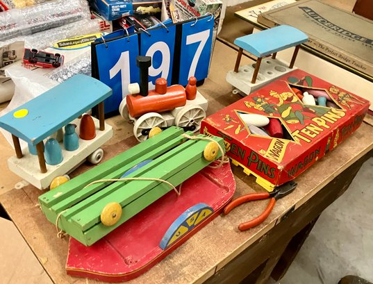 Group Lot Of Vintage Toys Incl 10 Pin Game And Wood Toys