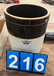 6 Gallon Brown And White Stoneware Crock With Blue '6' Crown