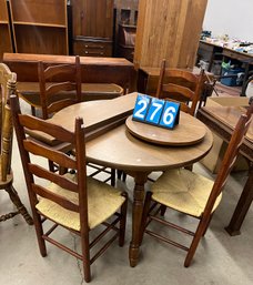 Round Dining Kitchen 42' Diam Table With 2 Leaves ,4 Ladder-back Chairs & A Dumb Waiter Rotating Tray On Top