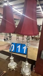 Pair Of Tall Contemporary Lamps With Red Shades